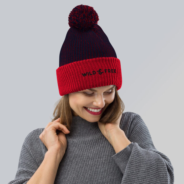 speckled pom pom beanie navy red front 617680d437719